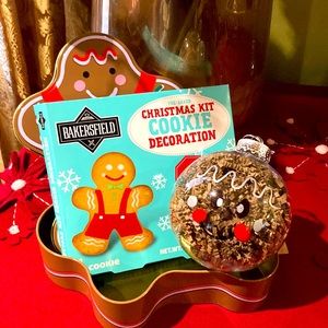 Gingerbread gift tin filled with cookie decorating kit & hand painted ornament.